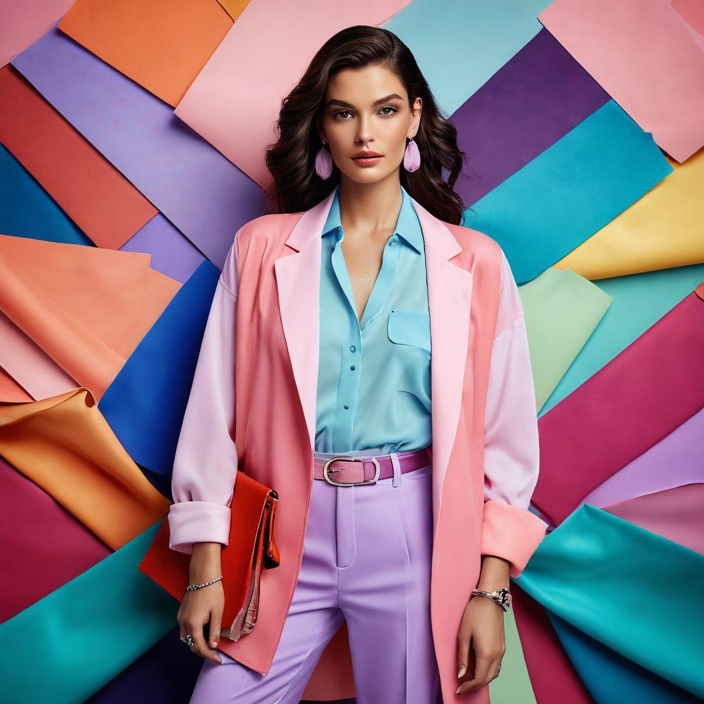 A stylish woman adorned in vibrant nylon garments, surrounded by flowing fabric swatches in various textures and colors, showcasing a bold fashion sense. Add a background with soft pastel hues that evoke femininity and allure. Include fashion accessories like statement earrings and chic handbags to enhance the theme. super-realistic. vibrant colors. soft pastel background.