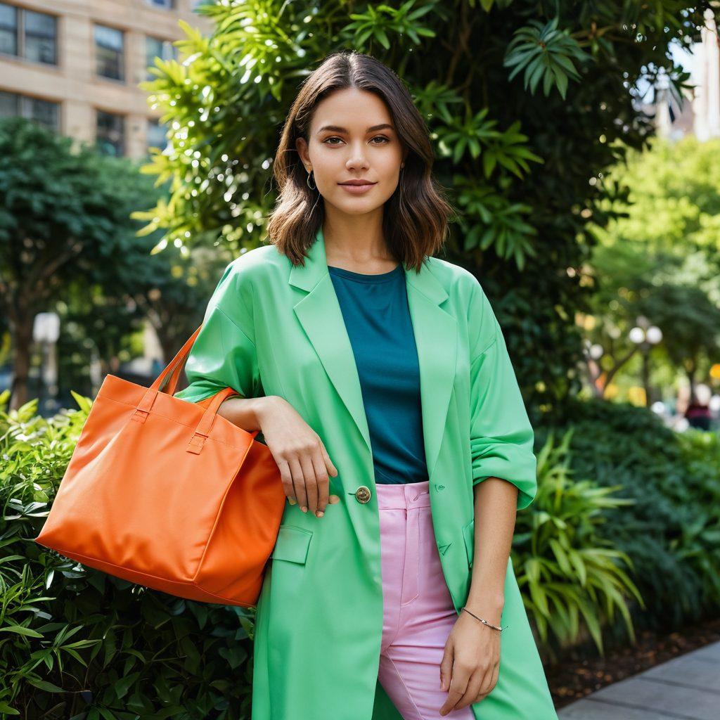 A chic urban setting featuring a stylish young adult wearing fashionable nylon clothing, showcasing vibrant colors and sleek designs. The background includes lush greenery, symbolizing sustainability, with a sunlight-drenched park scene. Add elements like reusable bags and eco-friendly accessories to emphasize sustainability. Capture a sense of comfort through soft textures and relaxed poses. super-realistic. vibrant colors. natural sunlight.
