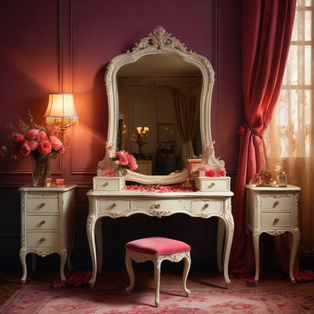 A luxurious clothing display featuring elegant hosiery and intimate apparel in rich fabrics and vibrant colors, elegantly arranged on a vintage dressing table surrounded by soft, warm lighting. Include a beautiful, ornate mirror reflecting the beauty of the garments, and scattered petals for a romantic touch. The overall atmosphere should convey elegance and passion for fashion. super-realistic. vibrant colors. soft lighting.